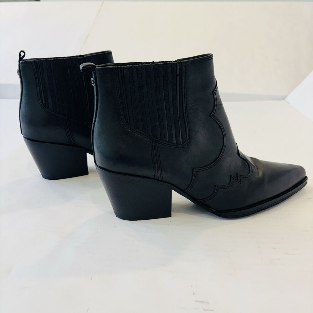 Sam Edelman Winona Black Leather Western Ankle Boots Pointed Toe Cuban Heel 8